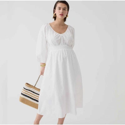 J.Crew SZ XS V-Neck Midi Dress In Cotton Poplin Smocked Waist L/S Pockets NWT