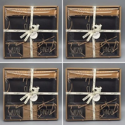 x4 Rae Dunn 3 Piece Sushi Platter Wasabi Ginger Kit and Chopsticks Set Black NEW