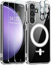 Compatible with Samsung Galaxy S24 Case with Magnetic Clear Case, 5 in 1 - [Not Yellowing] 2X Screen Protectors & 2X Camera Lens Protectors, Shockproof Slim Cover with MagSafe