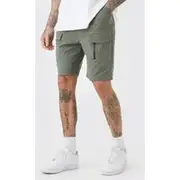 Mens Khaki Tall Elasticated Waist Relaxed 260GSM Loopback Stretch Cargo Zip Shorts