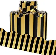 Whaline 32.8ft Stripe Bulletin Board Border Black with Gold Foil Stripe Die-Cut Rolled Border Trim for Classroom Home Chalkboard Decoration