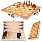 3-in-1 Folding Chessboard Wood Chess Board Box Puzzle Kids Adult Game Toy with Chess