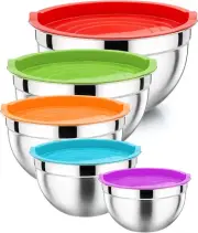 Mixing Bowl with Lid Set of 5, P&P CHEF 10-Piece Stainless Steel Nesting Salad