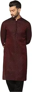 KISAH Men's Kurta, Maroon Jacquard, Woven Design Regular Fit Mandarin Collar Long Sleeves