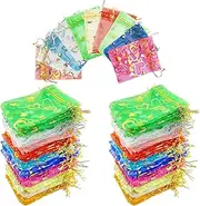 AUXIN 100 Pcs Organza Bags, 9x12cm Random Patterns Colors Sheer Drawstring Gift Bags Organza Jewelry Pouches Valentine's Day Birthday Wedding Makeup Party Candy Favor Bags