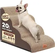 Zerbuger 4-Step Dog Stairs for High Bed 20" H, Curved Pet Steps for Old/Injured Dogs Cats Climbing Bed, Chair or Couch, Premium Foam Non-Slip Dog Ramp for Indoor Small Pets up to 80lbs, Coffee Beige