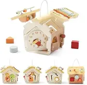 Ikubigu Wooden Activity Cube Toys for Baby Sensory Toys for Toddlers 2-3 Multipurpose Educational Learning Shape Sorter Montessori Toy to Baby Gifts
