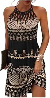 [Generic] Summer Dresses for Women Casual Sleeveless Floral Hollow Out Halter Neck Mini Sun Dress for Beach Vacation