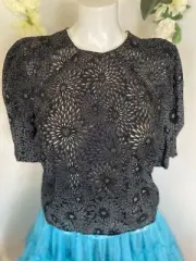 Ted Baker Ingriid $195 Black Flower Box Puff Sleeves Blouse Size 1 US 2-4 NWT