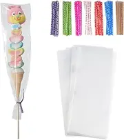 Tendwarm 100 Pcs 3x11 Inch Clear Long Candy Cello Cellophane Treat Bags with 7 Mix Colors Twist Ties Perfect for Birthday Favor Candles Pretzel Icy Candy Popsicle