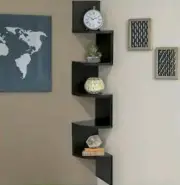 Zigzag Corner Wall Wooden Shelf Modern Style Black 48 Inch Foldable Home Decor