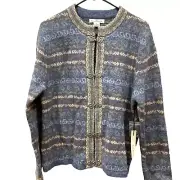 L Susan Bristol 100% Wool Sweater Blue Silver Clasps Winter Cardigan Fair Isle