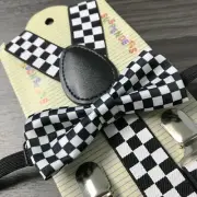 "BLACK WHITE CHECKER" Matching Suspender & Bow-Tie Kids Toddler Baby Boys Girls