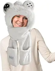 [Generic] Wind-Proof Hat for Riding | Hooded Scarf with Mittens | Winter Bear Hat Scarf, Warm Beanie Hat with Ears, Wind-Proof Winter Gear, Skating Hat and Scarf Set, Cold Weather Riding Gear