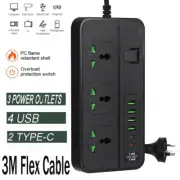 2500W Surge Protector Power Strip USB with 3 AC Outlets 4USB 2Type C Flat Plug