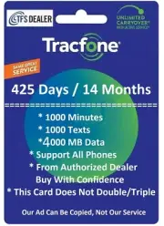 TracFone 1 Year/425 Days +1000 Minutes/1000 Text/4000 MB Data, All Smart Phones