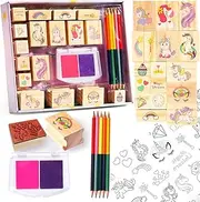 Unicorn Wooden Stamp and Sticker Set for Girls, Stampers, Inkpad, Coloring Pencil, Sticker Included, Arts & Crafts Set for Girls Boys Kids Ages 4 5 6 7 8 9 10 Years Old