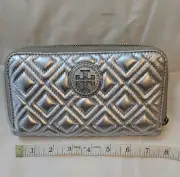 Tory Burch Silver Leather Zip Medallion Wallet
