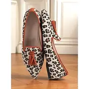 Women's Leopard Print Tassel Flats - Retro Style Pointed Toe Shoes with Orange Trim and Block Heel for Daily Wear Casual Outings