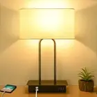 Touch Control Table Lamp 2 USB Ports AC Power Outlet Modern Bedside Nightstand L