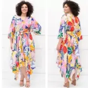 Eloquii Dress Womens Plus Size 16 Paradiso Colorful Tropical Floral Belted Maxi