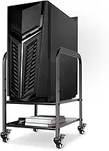Computer Tower Stand, Desktop ATX-Case Holder, Adjustable 2-Tier CPU Steel Rolling Stand, Mobile Tower Case Stand Cart with Locking Caster Wheels for Office Home (Black Round)
