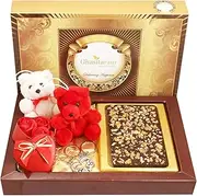 Ghasitaram Gifts Valentines Gift Valentines Day Chocolates for Girlfriend/Boyfriend/Husband and Wife Valentines Chocolate Hamper Walnut Chocolate Bark Big with Teddies, Keychain Set and Small Roses Heart Box