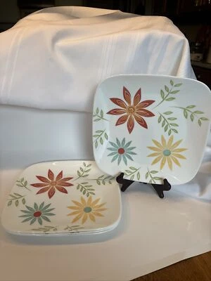 CORELLE Happy Days Dinner Plate Set of 4 Square Dishes Teal Yellow Orange Floral