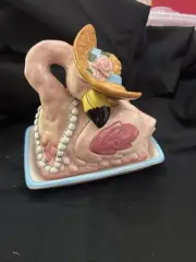 Whimsical Collectible Blue Sky Clayworks Ceramic Flamingo Butter Dish