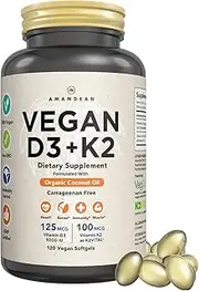 Premium Vegan D3 K2. 5000 iu Vitamin D from Algae. 100mcg All-Trans MK7 Vit K. 120 Plant-Based Carrageenan Free Softgels. Blended with Organic Coconut Oil. NO Lanolin, Gelatin, Lichen, or Soy. Non-GMO