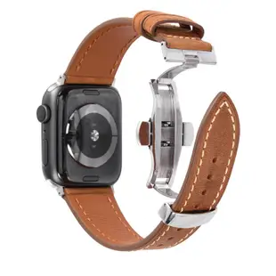 頭層真牛皮蝴蝶扣商務錶帶 適用蘋果手錶錶帶男女款通用apple watch1234567代表帶