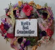 Mother's Day World's Best Grandmother Floral 24" Deco Mesh Wreath Home Made New