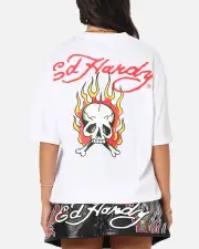 [ED HARDY] Ed Hardy Flaming Skull T-shirt White - Size 3XL 3XL White