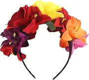 [Wedhapy] Halloween Flower Headband Mexican Headpiece Artificial Floral Headband with Rose and Orchid Lightweight Polyester Festive Headband for Hallowee
