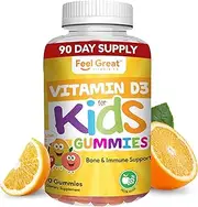 Vitamin D3 1000IU Pectin Gummy Vitamins for Kids (90 Day) by Feel Great 365 | 90 Gummies | Delicious Chewable Supports Healthy Bones, Teeth, Mood, Immune System Function* | Gluten Free & Non-GMO
