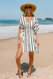 Cupshe Tidepool Ripple Striped Cover-Up Mini Dress - White,L