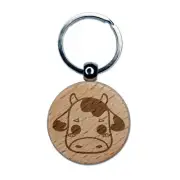 Charming Kawaii Chibi Cow Face Blushing Cheeks Milk Farm Engraved Wood Keychain