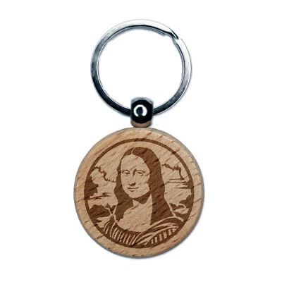 Mona Lisa Painting by Leonardo Da Vinci Engraved Wood Round Keychain Tag Charm