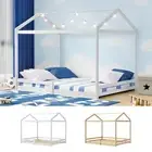 Oikiture Double Kids Wooden Bed Frame Timber House Beds Base Fence Natural White