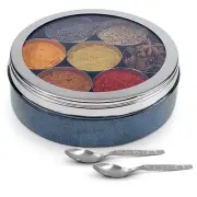 Stainless Steel Extra Large Masala Box See through lid 7 container 2 spoon(Blue)