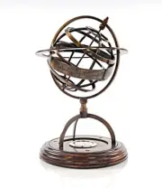 Armillary Brass Wood Base Felt Lining Compass Inside the