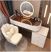 Furniture Nordic Vanity Desk with Glass Tabletop, Makeup Vanity with Ergonomic Chair, Dressing Table with Lights Mirror and Drawers Makeup Dressing Table