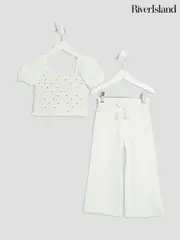 River Island White Girls Sequin Top and Trousers Set (H51263) | $55