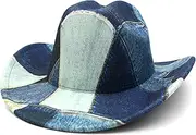 [WOTFIM] Western Cowboy Hat for Women Man Felt Wide Brim Cowgirl Hat for Party Dress Up Cosplay Men's Denim Print Cowboy Hat