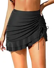 [MAIABLEAU] Women High Waisted Swim Skirt Tummy Control Ruffle Drawstring Swimdress Swimsuit Bikini Bottom