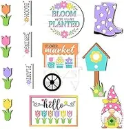 Tiered Tray Decorations Set | 12X Tabletop Rustic Tray Decor,Spring Table Wooden Sign Decorations, Tiered Tray Set Decorations for Desk, Windowsill, Cabinet
