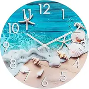 Alarllok Outdoor Clock Waterproof - Rustic Outdoor Wall Clocks for Patio Pool Garden Decor,Coastal Beach Seashell Themed,Blue 12 Inch (Glass)