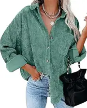 [SHEKINI] Corduroy Shirts for Womens V Neck Long Sleeve Button Down Blouse Long Sleeve Blouses with Pocket Ladies Work Jacket Top Plus Size