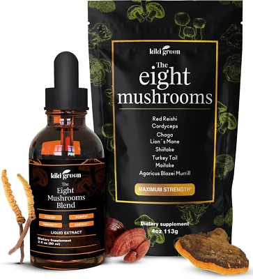 KIKI Green 8 Mushrooms Powder & Liquid Extract Bundle - Mushroom Supplement Comp