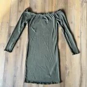 Vero Moda Dress Mini Bodycon Large Green Women Off Shoulder Ribbed Lettuce Hem